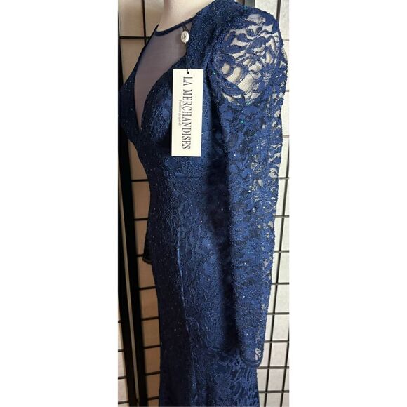 LA Merchandises Navy Sequin Deep V-neck Formal Dress - Picture 5 of 8